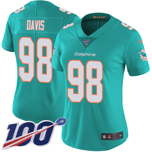 Nike Miami Dolphins #98 Raekwon Davis Aqua Green Team Color Women Stitched NFL 100th Season Vapor Untouchable Limited Jersey->women nfl jersey->Women Jersey